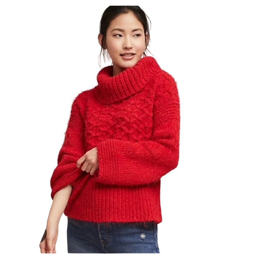 Anthropologie Sleeping On Snow Red Torridon‎ Cable Knit Fuzzy Sweater Cowl Large
